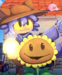  1boy 2others animal_ears blue_hair brown_headwear brown_tunic flower grass hat highres house kirby kirby_(series) lawn lawnmower light_bulb multiple_others niko_(oneshot) oneshot_(game) plants_vs_zombies scarf smile sunflower_(plants_vs_zombies) tagsc tile_roof yellow_eyes 