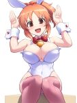  1girl :d abe_nana alternate_costume animal_ears blush bow bowtie breasts brown_eyes cleavage commentary_request covered_navel detached_collar fake_animal_ears food fruit hands_up highres idolmaster idolmaster_cinderella_girls leotard looking_at_viewer open_mouth orange_(fruit) orange_hair pataneet playboy_bunny rabbit_ears red_bow red_bowtie red_thighhighs simple_background sitting smile solo thighhighs white_background white_leotard 