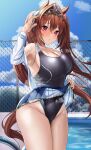  1girl absurdres animal_ears bare_shoulders blue_one-piece_swimsuit bow breasts brown_hair chain-link_fence cleavage clothes_lift cloud cloudy_sky collarbone commentary_request competition_swimsuit covered_navel daiwa_scarlet_(umamusume) fence floating_hair furrowed_brow hair_between_eyes hair_intakes hand_up highleg highleg_swimsuit highres horse_ears horse_girl horse_tail large_breasts lifted_by_self long_hair looking_at_viewer one-piece_swimsuit open_clothes open_shirt pleated_skirt po_musubi pool red_eyes shirt skirt skirt_lift sky solo steaming_body swimsuit swimsuit_under_clothes tail thick_thighs thighs tiara twintails umamusume undressing very_long_hair water white_shirt 