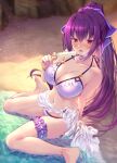  1girl absurdres anklet bare_shoulders barefoot bikini blurry blush bracelet breasts bridal_garter cleavage collarbone depth_of_field drop_earrings earrings emanon123 fate/grand_order fate_(series) food hair_between_eyes highres jewelry large_breasts legs long_hair looking_at_viewer melting navel open_mouth ponytail popsicle purple_hair purple_ribbon red_eyes ribbon sarong scathach_(fate) scathach_skadi_(fate) shore sitting solo sweat swimsuit wariza 