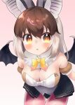  1girl animal_ears bare_shoulders bat_ears bat_girl bat_wings breasts brown_eyes brown_hair brown_long-eared_bat_(kemono_friends) elbow_gloves extra_ears gloves grey_hair hebi_neco highres kemono_friends kemono_friends_v_project large_breasts leotard long_hair looking_at_viewer microphone pantyhose pink_background simple_background skirt solo virtual_youtuber wings 