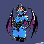  1girl blue_skin breasts cleavage colored_skin demon_horns demon_wings earrings hands_on_own_hips horns jewelry large_breasts leotard long_hair mabius original pink_eyes pink_nails pixel_art pointy_ears simple_background solo wings 