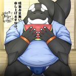  1:1 2020 anthro belly black_body cetacean clothing delphinoid eyes_closed food fruit hi_res humanoid_hands japanese_text kemono male mammal marine melon oceanic_dolphin orca overweight overweight_anthro overweight_male plant sitting solo tanutronik753_k text toothed_whale underwear watermelon watermelon_slice white_body 
