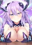  1boy 1girl bimmy black_gloves blue_eyes braid breasts cleavage english_commentary gloves hair_between_eyes hair_ornament hetero highres large_breasts long_hair naughty_face navel neptune_(series) paizuri penis power_symbol purple_hair purple_heart_(chaos_form) purple_heart_(neptunia) revealing_clothes second-party_source solo_focus symbol-shaped_pupils twin_braids twintails uncensored very_long_hair 