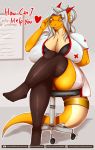  &lt;3 aisyah_zaskia_harnny anthro big_breasts black_clothing black_leggings black_legwear bra breasts chair cleavage clothed clothing crossed_legs dragon eyewear female furniture glasses harnny headgear headwear hi_res horn huge_breasts leggings legwear nurse red_horn sitting solo tail_ring text thigh_highs underwear url yellow_eyes 