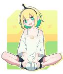  1girl :d amano_pikamee black_hairband black_shorts blonde_hair border bright_pupils commentary english_commentary full_body green_background green_eyes green_hair green_nails hairband head_tilt knees_apart_feet_together off-shoulder_shirt off_shoulder onpa_(onpa_sound) sharp_teeth shirt short_hair shorts sitting smile soles_together solo teeth transparent_background upper_teeth_only v-shaped_eyebrows virtual_youtuber voms white_border white_pupils white_shirt yellow_background 