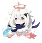  1girl :3 bright_pupils closed_mouth dress flying_sweatdrops genshin_impact hair_between_eyes halo hands_on_own_hips noi_(nononoi339) paimon_(genshin_impact) purple_eyes purple_scarf scarf slime_(creature) upper_body white_dress white_hair white_pupils 