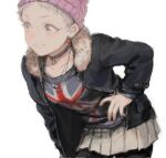  1girl arm_at_side bad_drawr_id bad_id beanie belt black_belt black_jacket blonde_hair brown_choker brown_eyes choker collarbone cowboy_shot earrings fur-trimmed_jacket fur_trim grin hand_on_own_hip hat idolmaster idolmaster_cinderella_girls jacket jewelry leaning_forward lineart long_sleeves looking_ahead mame_(mmgamegg) miniskirt nail_polish necklace oekaki open_clothes open_jacket parted_lips pendant_choker pink_headwear pixie_cut pleated_skirt purple_headwear red_nails senzaki_ema short_eyebrows short_hair simple_background skirt smile solo union_jack very_short_hair white_background 