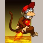 big_butt bottomless brown_body brown_fur burning butt butt_on_fire clenched_teeth clothed clothing diddy_kong donkey_kong_(series) fifybear fire fur hand_on_butt haplorhine hat headgear headwear lava male mammal monkey nintendo pain primate solo tail teeth