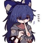  1girl blue_eyes blue_hair blue_ribbon blush bowl bracelet chopsticks eating hair_ribbon holding holding_bowl holding_chopsticks hood hood_down hooded_sweater jewelry long_hair patch patchwork_clothes ponytail ribbon short_sleeves simple_background stuffed_animal stuffed_toy sweater touhou white_background yorigami_shion zunusama 