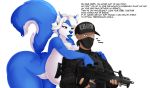  absurd_res anthro assault_rifle big_breasts big_butt blue_body blue_fur blue_lips blue_nose breasts butt canid canine canis caressing curvy_figure darbo digital_drawing_(artwork) digital_media_(artwork) domestic_dog duo english_text faceless_male facemask female fur g36c gun hair hi_res hourglass_figure huge_breasts human humor husky hyper hyper_breasts lips looking_at_another male male/female mammal meme nordic_sled_dog plantigrade ranged_weapon rifle santy silver_eyes simple_background size_difference slur spitz tactical_gear text thick_thighs thigh_up weapon white_body white_fur white_hair wide_hips 
