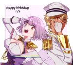  1boy 1girl blonde_hair blue_eyes braid breasts cleavage dark-skinned_male dark_skin epaulettes frills gloves gridman_universe gridman_universe_(film) happy_birthday hat large_breasts long_sleeves looking_at_viewer open_mouth purple_hair red_eyes risyo shinjou_akane shinjou_akane_(new_order) shirt short_hair sizumu smile ssss.dynazenon white_gloves white_headwear 