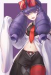  1girl :o anmitu_karakuti3959 argyle argyle_legwear bangs black_legwear blunt_bangs chetta_(pokemon) drill_hair eyewear_on_head lipstick long_hair makeup midriff mismatched_legwear navel pantyhose pokemon pokemon_(game) pokemon_masters purple_background purple_eyes purple_hair purple_lipstick red_legwear short_shorts shorts simple_background sleeves_past_fingers sleeves_past_wrists solo standing 