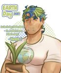  1boy artist_request bara earth-chan earth-san earth_(planet) earth_day earth_print genderswap genderswap_(ftm) green_hair highres holding light_smile lip_piercing male_focus multicolored_hair muscular muscular_male original pectorals piercing planet plant potted_plant print_shirt shirt short_hair sideburns_stubble solo sparse_stubble t-shirt thick_eyebrows two-tone_hair 