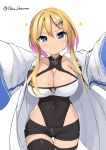  +_+ 1girl anchor_choker azur_lane bangs black_shorts blonde_hair blue_eyes blush breast_tattoo breasts cleavage coat collarbone commentary_request covered_navel cowboy_shot hair_between_eyes hair_ornament hairclip head_tilt highres large_breasts leotard_under_clothes long_sleeves looking_at_viewer marblehead_(azur_lane) multicolored_hair navel_piercing ochinsama open_clothes open_coat piercing pink_hair short_hair_with_long_locks short_shorts shorts sidelocks simple_background skindentation smile solo sparkle standing tattoo thighhighs two-tone_hair white_background white_coat 