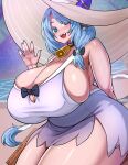  1girl animal_ears beach bell blue_eyes blue_hair blue_nails breasts choker cleavage colored_eyelashes cow_ears cow_girl cow_horns cow_tail cowbell dress gaikiken gigantic_breasts hair_over_shoulder hat highres horns horns_through_headwear indie_virtual_youtuber long_hair miilkywayz neck_bell ocean open_mouth plump signature sitting smile solo sundress tail thick_thighs thighs virtual_youtuber waving wide_brim 
