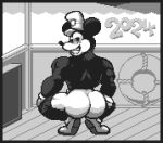  1boy ass bara broly_culo_(meme) commentary dewndeym english_commentary from_behind furry furry_male greyscale grin half-closed_eyes lifebuoy looking_at_viewer looking_back lowres male_focus meme mickey_mouse monochrome mouse_boy pixel_art smile squatting steamboat_willie tiptoes 
