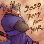  1boy 2024 bara beard blonde_hair blue_skin chinese_zodiac colored_skin crossed_arms curly_eyebrows dragon_boy facial_hair feet_out_of_frame from_side full_beard happy_new_year japanese_clothes kimono korean_commentary looking_at_viewer makumoon male_focus mature_male mustache nipples old old_man original samurai sheath sheathed solo standing tail thick_beard thick_eyebrows wrinkled_skin year_of_the_dragon 