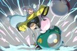  1girl :d absurdres bellibolt bike_shorts blurry blurry_foreground blush bow-shaped_hair character_hair_ornament commentary_request green_hair grey_footwear hair_ornament happy highres iono_(pokemon) iroiro_yaru_hito jacket leg_up long_hair multicolored_hair open_mouth pink_hair poke_ball poke_ball_(basic) pokemon pokemon_(creature) pokemon_sv shoes single_leg_pantyhose sleeves_past_fingers sleeves_past_wrists smile solo teeth tongue twintails two-tone_hair upper_teeth_only yellow_jacket 