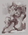 2023 action_pose anthro back_muscles bent_leg biceps big_muscles bottomwear bovid bovine butt cattle clothed clothing deltoids fur greyscale hair hi_res hooves horn loincloth male mammal monochrome muscular muscular_anthro muscular_male painterly pose rock shadow signature solo standing taran_fiddler topless topless_anthro topless_male tuft