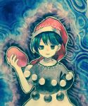  1girl :3 arm_up black_capelet blue_eyes blue_hair capelet commentary_request doremy_sweet dress flat_chest hat highres holding kaigen_1025 looking_at_viewer open_mouth painting_(medium) pom_pom_(clothes) red_headwear short_hair solo touhou traditional_media upper_body watercolor_(medium) white_dress 