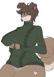 &lt;3 absurd_res anthro bangs big_butt brie_(iwaiz) butt canid canine canis caucasian_mountain_dog clothing cutie_mark domestic_dog ear_piercing ear_ring female green_clothing green_sweater green_topwear hands_under_breasts hasbro hi_res iwaiz livestock_guardian_dog mammal molosser mountain_dog my_little_pony no_bra_under_clothes pastoral_dog piercing ring_piercing slightly_chubby solo sweater thick_thighs topwear