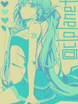  1girl aira_(exp) arm_at_side artist_name bare_shoulders belt blue_eyes blue_hair blue_necktie blue_skirt breasts collared_shirt frilled_shirt frills from_side hair_between_eyes hand_on_own_chest hatsune_miku headset highres limited_palette long_hair looking_at_viewer loose_belt medium_breasts miniskirt necktie number_tattoo parted_lips pleated_skirt seiza shadow shirt sidelocks sitting skirt sleeveless sleeveless_shirt solo tattoo teeth tie_clip twintails very_long_hair vocaloid watermark yellow_background 