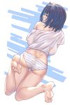  absurdres ass blue_eyes blue_hair breasts clothing_cutout feet_up highres hololive hololive_english honkivampy large_breasts lying multicolored_hair on_stomach ouro_kronii panties shirt shoulder_cutout simple_background striped striped_panties two-tone_hair underwear white_shirt 