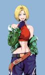  1girl absurdres baggy_pants bare_shoulders belt belt_skirt black872233196 blonde_hair blue_eyes blue_mary bob_cut breasts crop_top fatal_fury fingerless_gloves gloves halterneck highres large_breasts looking_at_viewer loose_belt midriff multiple_belts navel pants parted_hair shirt short_hair simple_background sleeveless sleeveless_turtleneck smile snk solo straight_hair the_king_of_fighters tight_top turtleneck 