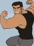  1boy bara beard_stubble black_hair black_tank_top bulge dark-skinned_male dark_skin double_biceps_pose feet_out_of_frame flat_color flexing grin highres huge_eyebrows looking_at_viewer lucas_lee male_focus muscular muscular_male paid_reward_available pants scott_pilgrim_(series) scott_pilgrim_takes_off shirako_(kirupi) short_hair smile solo tank_top track_pants 