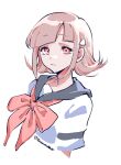  1girl alternate_costume alternate_hair_ornament black_sailor_collar bow bowtie brown_eyes commentary cropped_torso danganronpa_(series) danganronpa_2:_goodbye_despair grey_background highres liang_cun_rakuna looking_at_viewer medium_hair nanami_chiaki pink_bow pink_bowtie sailor_collar school_uniform shirt simple_background solo triangle_hair_ornament twitter_username upper_body white_shirt 