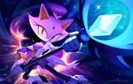  1girl absurdres animal_ears blaze_the_cat cat_ears cat_girl cat_tail eyelashes forehead_jewel furry furry_female gloves highres holding holding_staff looking_at_viewer miitara ponytail purple_fur smile sonic_(series) staff tail white_gloves yellow_eyes 