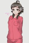  1girl alternate_costume brown_eyes brown_hair commission fire_emblem fire_emblem_fates flower freckles hair_flower hair_ornament highres looking_at_viewer mozu_(fire_emblem) pajamas pink_pajamas rotomdocs smile solo 