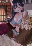  1girl blue_hair blue_panties blush boku_no_kokoro_no_yabai_yatsu breasts brown_eyes brown_scarf cleavage cup dark_blue_hair drink fireplace highres holding holding_cup holding_drink hot_chocolate indoors long_hair looking_at_viewer medium_breasts mole mole_on_neck multiple_moles navel on_chair panties panty_peek sakurai_norio scarf shorts sitting solo tongue tongue_out underwear white_shorts yamada_anna 