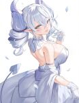  1girl absurdres b_grade breasts cleavage demon_girl demon_horns demon_tail demon_wings dress duel_monster gloves grey_eyes grey_hair hand_up highres horns large_breasts lovely_labrynth_of_the_silver_castle low_wings pointy_ears solo tail twintails wings yu-gi-oh! 