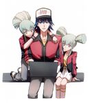 1girl 2boys age_difference arm_around_neck baseball_cap black_headwear black_wristband blue_hair bruno_(yu-gi-oh!) commentary computer green_hair grey_pants hat high_ponytail highres jacket kneehighs kneeling laptop lua_(yu-gi-oh!) luca_(yu-gi-oh!) male_focus multiple_boys naoki_(2rzmcaizerails6) on_lap pants red_jacket shirt short_hair short_ponytail short_twintails shorts sidelocks simple_background sitting socks twintails typing white_background white_footwear white_shorts white_socks yellow_eyes yellow_shirt yu-gi-oh! yu-gi-oh!_5d&#039;s 
