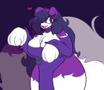 &lt;3 absurd_res alternate_species anthro big_breasts breasts cleavage clothed clothing dress female fur generation_7_pokemon hair hair_over_eye hex_maniac hi_res huge_breasts long_hair looking_at_viewer lycanroc nintendo one_eye_obstructed open_mouth open_smile pokemon pokemon_(species) purple_background purple_body purple_clothing purple_dress purple_eyes purple_fur purple_hair scrubsandwich simple_background smile solo spiral_eyes thick_thighs white_body white_fur wide_hips