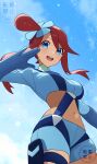 1girl :d absurdres blue_gloves blue_jacket blue_shorts breasts commentary_request cropped_jacket day gloves hair_ornament hand_up highres jacket looking_at_viewer looking_down maizumi midriff navel one_side_up open_mouth outdoors pokemon pokemon_bw red_hair short_hair_with_long_locks short_shorts shorts sidelocks sky skyla_(pokemon) smile solo teeth thigh_pouch tongue turtleneck upper_teeth_only 
