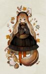  1girl :&lt; animal animal_ears autumn autumn_leaves basket black_dress black_footwear black_hairband blunt_ends bow bowtie brown_eyes chestnut closed_mouth clothed_animal commentary_request dress food frilled_hairband frilled_shirt_collar frills fruit full_body ghost_costume hairband hands_up highres holding holding_basket leaf long_hair long_sleeves looking_at_viewer mary_janes mushroom orange_bow orange_bowtie orange_pantyhose original pantyhose puffy_long_sleeves puffy_sleeves sakutake_(ue3sayu) shoes solo squirrel squirrel_ears squirrel_girl squirrel_tail standing straight-on tail very_long_hair 