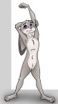 anthro body_hair disney dizzyvixen feet female flat_chested genitals hands_above_head happy_trail hi_res judy_hopps lagomorph leporid mammal nipples nude paws pinup pose purple_eyes pussy rabbit simple_background solo zootopia