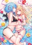  2girls ass asymmetrical_docking bare_arms bare_shoulders beach bikini black_bikini blonde_hair blue_hair breast_press breasts caustics choker cleavage criss-cross_halter day flower frills garter_straps green_eyes groin halterneck hibiscus hikikomari_kyuuketsuki_no_monmon holding_hands large_breasts leg_garter long_hair looking_at_viewer lying medium_breasts multi-strapped_bikini multiple_girls navel parted_lips pink_ribbon pointy_ears red_bikini red_eyes ribbon riichu short_hair stomach sunlight swimsuit thighs water wet 