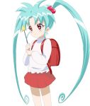  1girl aqua_hair backpack bag blush hair_bobbles hair_ornament long_hair long_sleeves randoseru red_eyes red_skirt sasami_mahou_shoujo_club shirt simple_background skirt solo spiked_hair trg-_(sain) twintails wand white_background white_shirt 