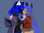  4:3 absurd_res animal_humanoid anthro big_breasts big_butt blue_hair blue_nipples bottomwear breast_squish breasts butt canid canine canis clothed clothing digital_media_(artwork) duo exposed_breasts fan_character female female/female fur gloves hair hand_holding handwear hi_res huge_breasts humanoid kissing mammal mammal_humanoid markings multicolored_hair nipples not_furry nr_ac simple_background skirt squish thick_thighs two_tone_hair wolf 