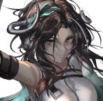  1girl arknights bare_shoulders black_hair breasts commentary_request etobane grey_eyes highres horns large_breasts long_hair looking_at_viewer shirt sleeveless sleeveless_shirt smile solo upper_body white_background white_shirt wind_chimes_(arknights) 