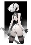  1girl 2b_(nier:automata) ass black_blindfold black_thighhighs blindfold boots breasts closed_mouth cropped_legs elbow_gloves from_behind gloves gradient_background highleg highleg_leotard highres holding holding_sword holding_weapon leotard nier:automata nier_(series) profile short_hair siino simple_background small_breasts solo sword thigh_boots thighhighs thighhighs_under_boots twitter_username two-tone_gloves two-tone_leotard weapon white_hair 