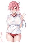  1girl :d absurdres alternate_breast_size blue_hair blush breasts buruma gradient_hair gym_shirt gym_uniform hair_ornament hair_ribbon harusame_(kancolle) highres kantai_collection large_breasts long_hair looking_at_viewer multicolored_hair pink_hair red_buruma red_eyes ribbon shirt short_sleeves side_ponytail smile solo tf_cafe twitter_username v white_background white_shirt 