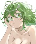  1girl :t boku_no_hero_academia breasts cleavage commentary_request fengling_(furin-jp) green_eyes green_hair hagakure_tooru hand_up looking_at_viewer medium_breasts messy_hair nude short_hair simple_background solo white_background 