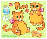 anthro big_eyes bow_(feature) bow_accessory bow_ribbon container domestic_cat dreamworks ears_down felid feline felis fur gingerbread_man gingerbread_man_(shrek) green_eyes jar male mammal markings milk orange_body orange_fur overweight pawpads pivoted_ears puss_in_boots_(character) puss_in_boots_(dreamworks) raystarkitty sitting slightly_chubby solo standing striped_body striped_markings stripes tabby_cat whiskers
