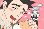  ... 1boy 1girl ace_attorney black_gloves black_skirt black_vest blush blush_stickers closed_eyes closed_mouth crossed_arms dick_gumshoe franziska_von_karma gloves grey_eyes grey_hair gwiga0 jitome missile_(ace_attorney) open_mouth pencil_behind_ear petting pink_background shiba_inu short_hair sideburns sideburns_stubble skirt sparse_stubble speech_bubble spoken_ellipsis sweatdrop vest world_is_mine_(vocaloid) 