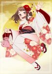  1girl absurdres boku_no_hero_academia brown_eyes brown_hair floral_print flower fur-trimmed_kimono fur_trim furisode hair_flower hair_ornament hand_up highres japanese_clothes jumping kimono kobaji making-of_available midair new_year obi obijime open_mouth pink_kimono pouch print_kimono sash socks solo uraraka_ochako waving white_socks 